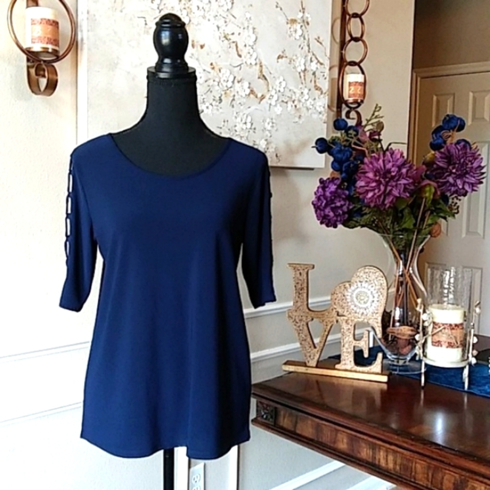 Navy Blue Elbow Sleeves Embellished Top By 89th & Madison. Size M